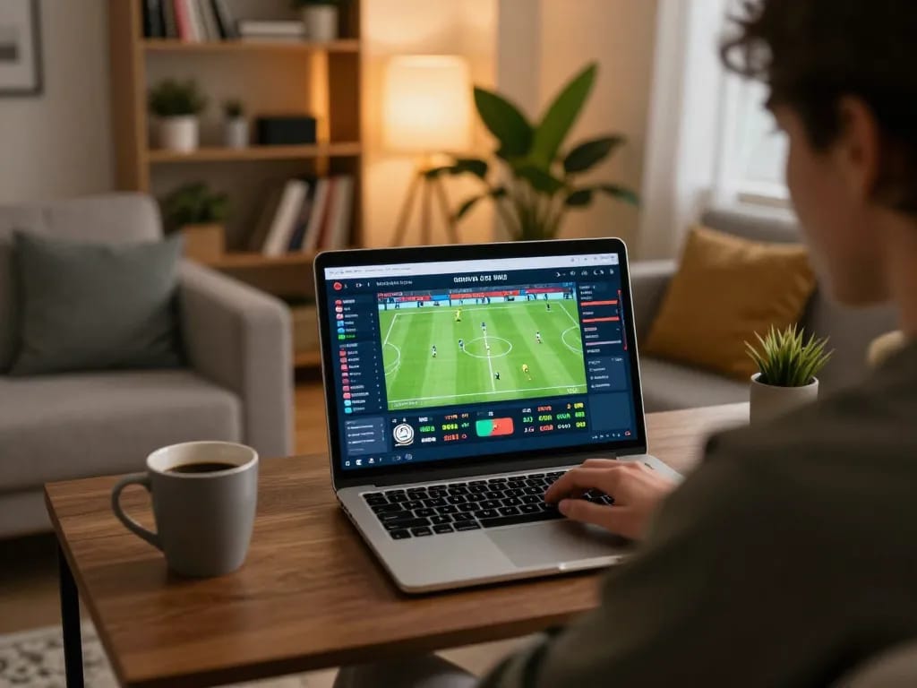Placing bets on 8KBET from a cozy home setup with live sports displayed on the laptop.