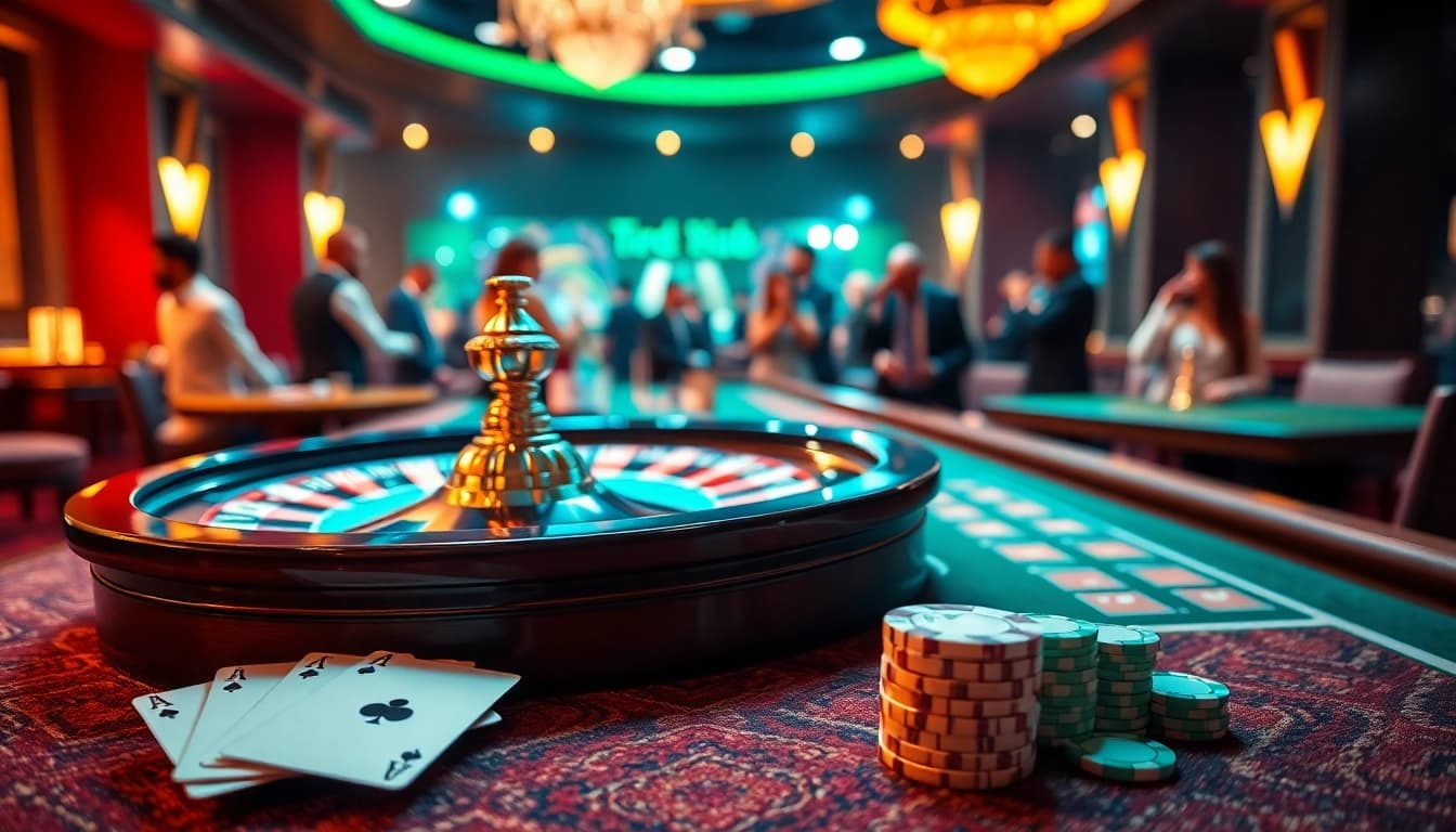 Aktivitas judi yang ramai di kasino dengan fokus pada tkp188 dan meja roulette yang mewah.