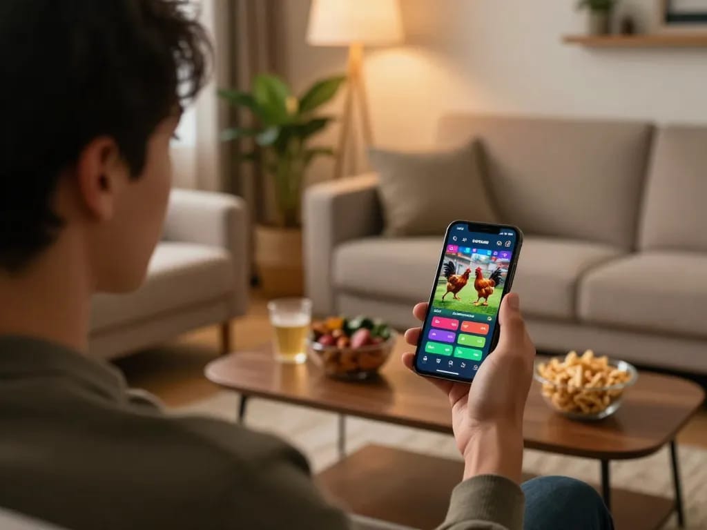 Watch live betting at https://daga88.free/ on your smartphone in a cozy home setting.