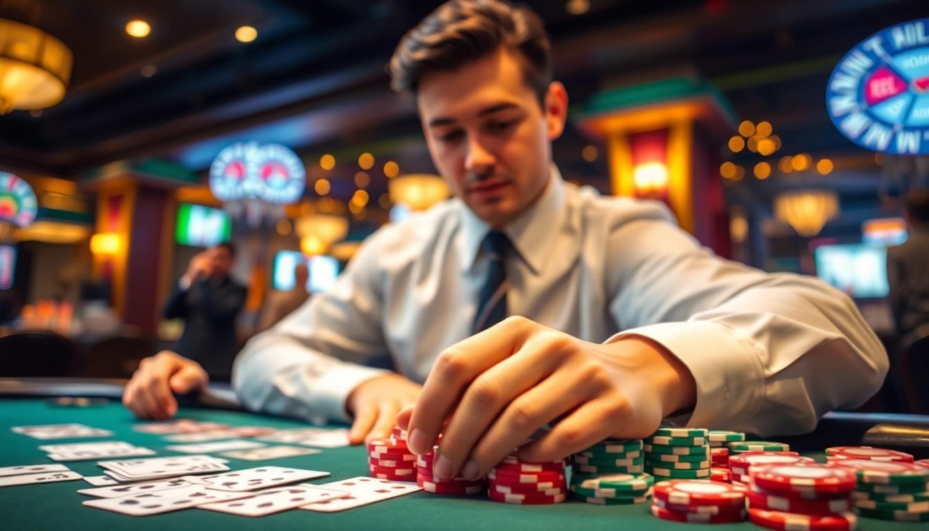 Pemain ondel4d bermain di kasino dengan kartu dan chip poker yang menarik.