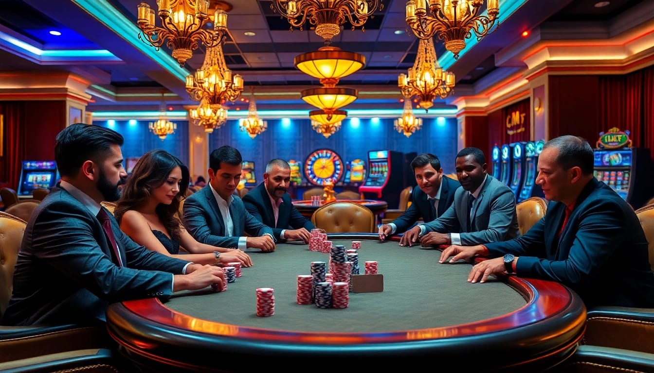 GO8 gamblers enjoying a thrilling poker game in a luxurious casino atmosphere, with vibrant chips and a roulette wheel.