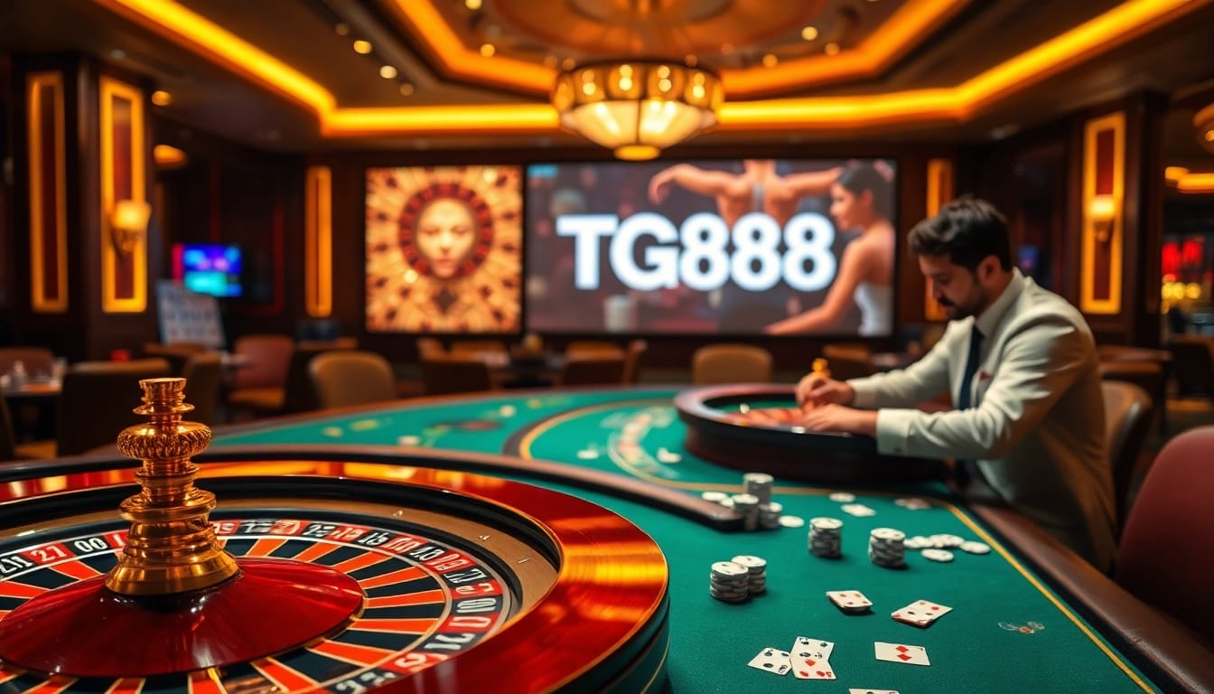 TG88 đăng nhập at an upscale casino with vibrant tables and excited players ready to win.