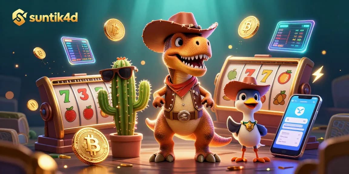 Suntik4d menyajikan momen kemenangan dengan dinosaur cowboy di dunia permainan slot online yang menarik.