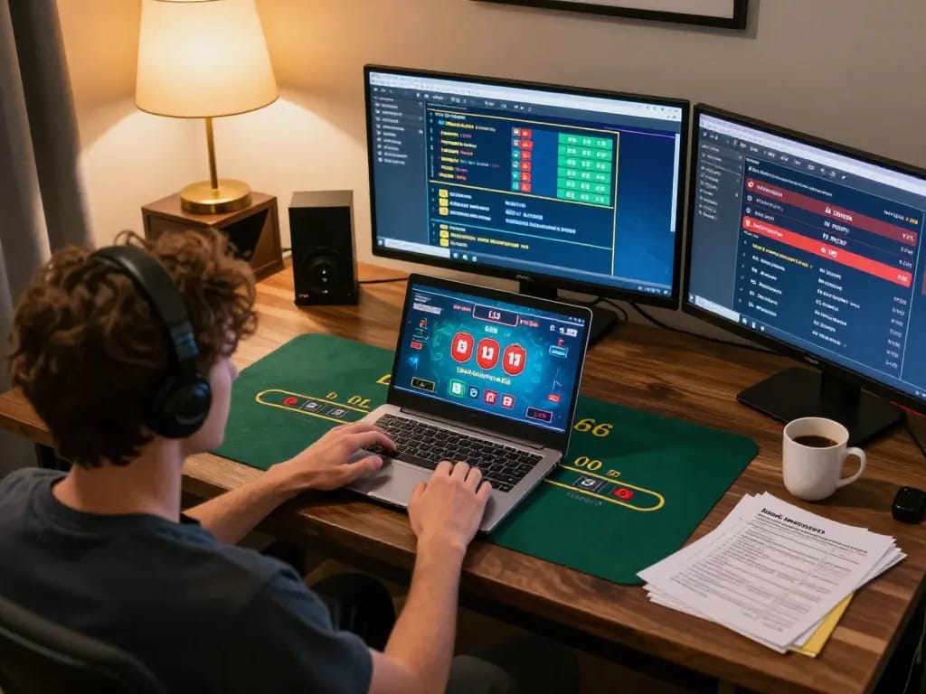 Engaging in a live dealer blackjack game on LGOGOAL platform at home for strategic gambling fun.