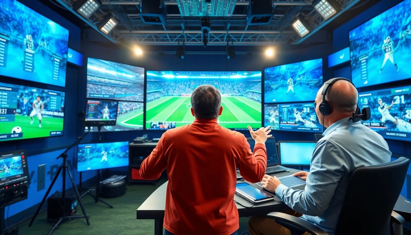 Engaging Sports Broadcasting in a modern studio with live statistics and vibrant screens.