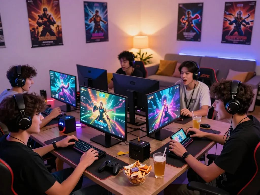 Exciting online gaming scene featuring players engaged in mantra88 mobile games with vibrant setups.