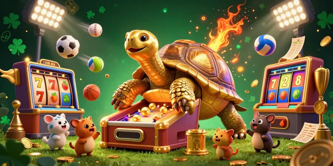 Experience the fun of UGDEWA with a vibrant 3D casino illustration featuring joyous characters and slot games.