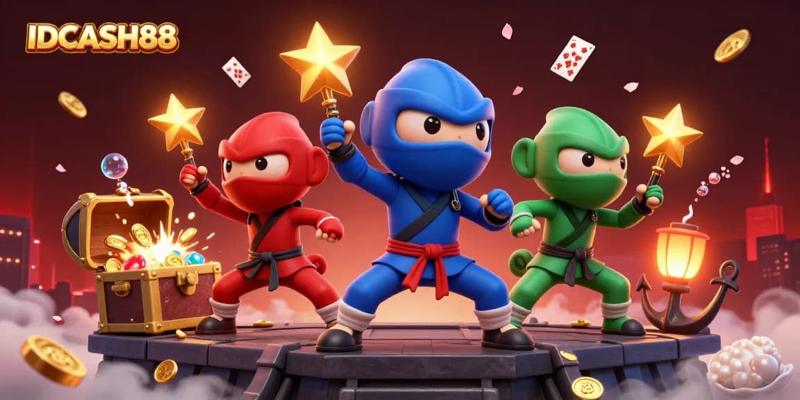 Play thrilling games with IDCASH88; join the fun with a vibrant 3D ninja-themed casino scene.