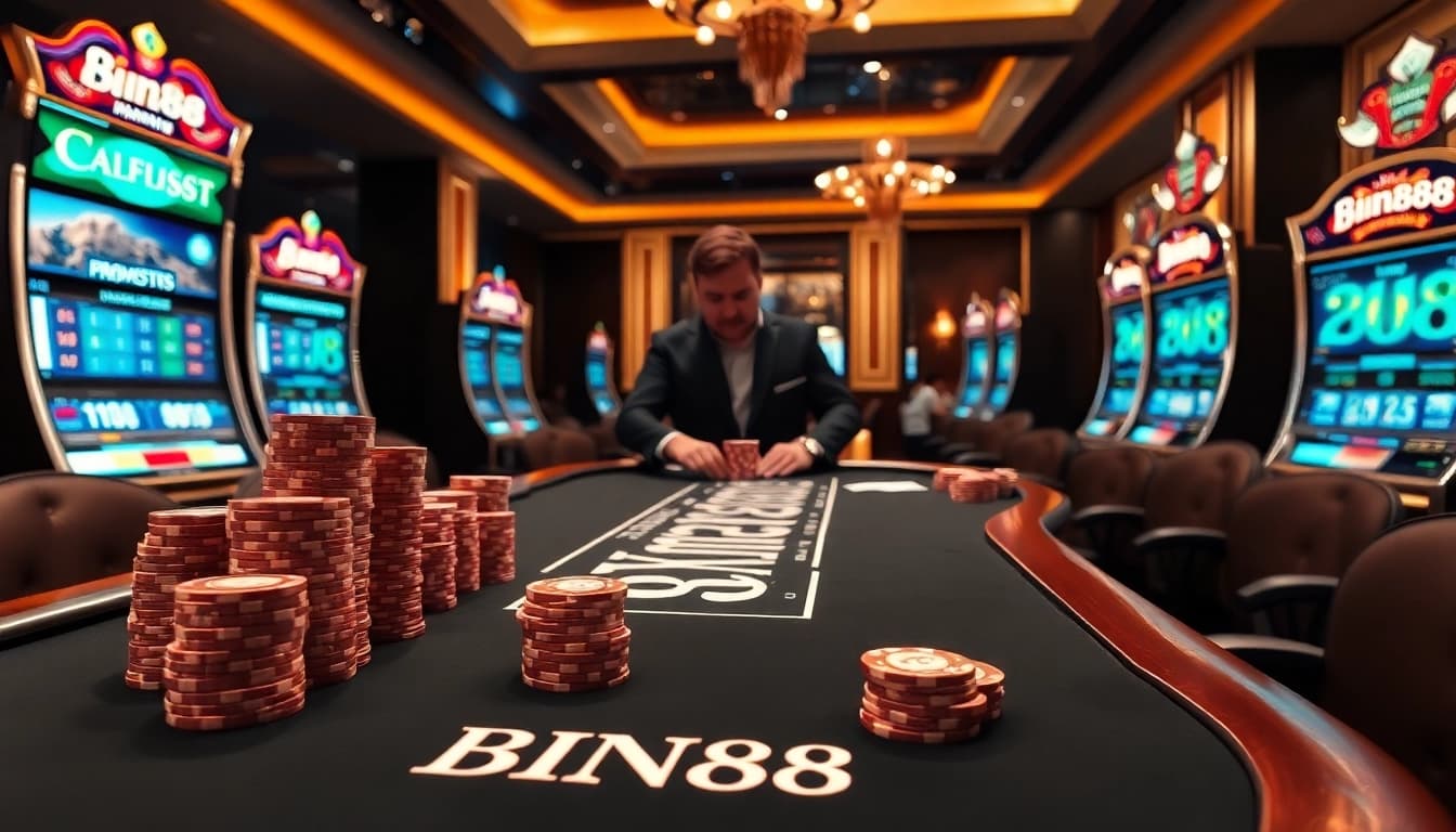 Engage in high-stakes gameplay at the luxurious BIN88 casino, featuring vibrant gaming tables and professional dealers.