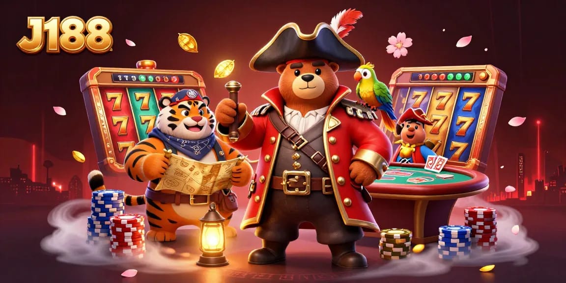 Spin the J188 slots with a cartoon bear pirate captain and tiger first mate amidst vibrant casino elements.