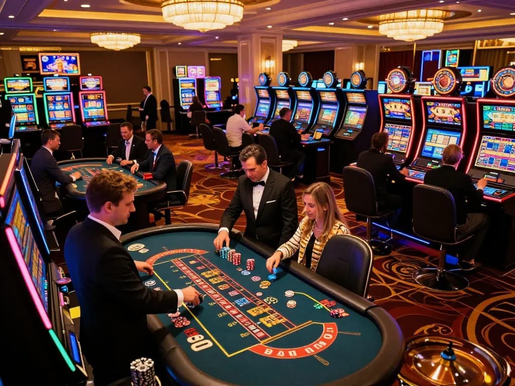 Experience the excitement of gaming at 78win casino with players engaging in vibrant slot machines and table games