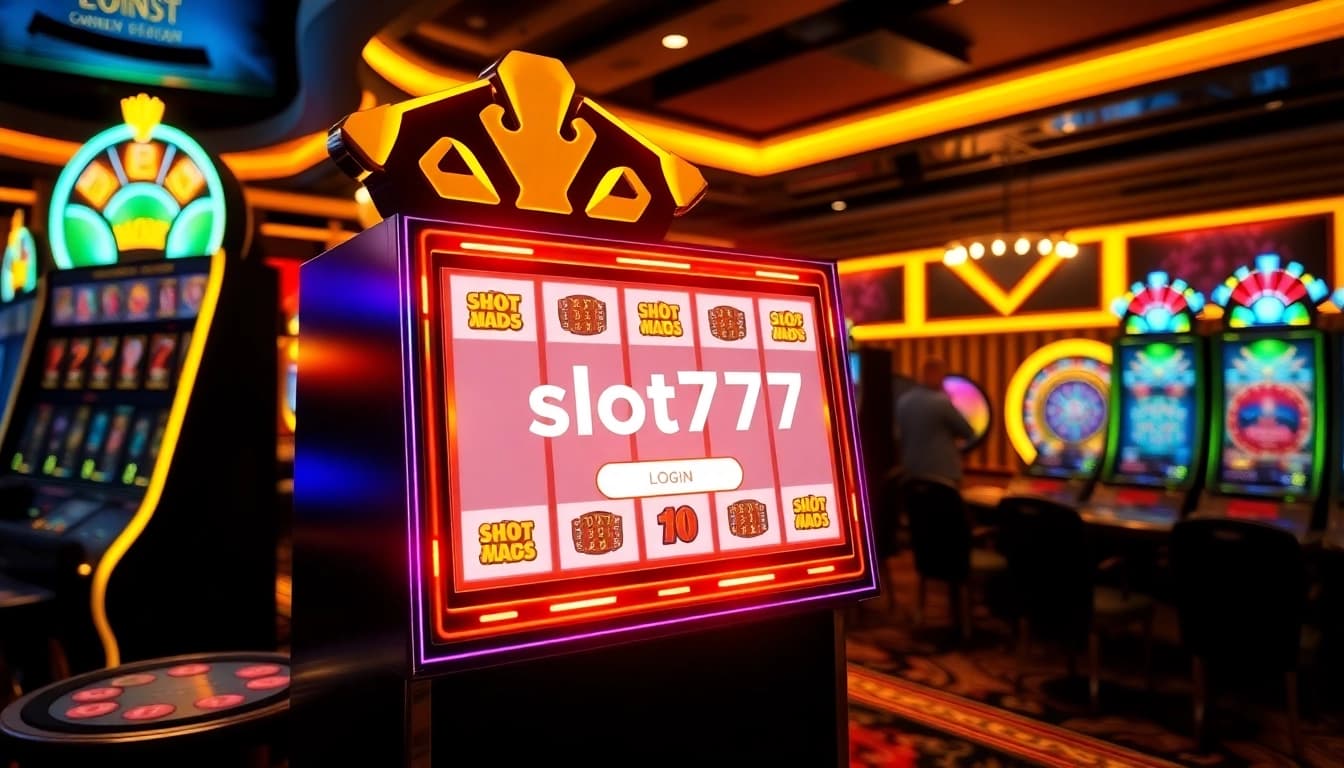 Accessing the thrilling slot777 login interface at a vibrant casino scene filled with captivating gaming elements.