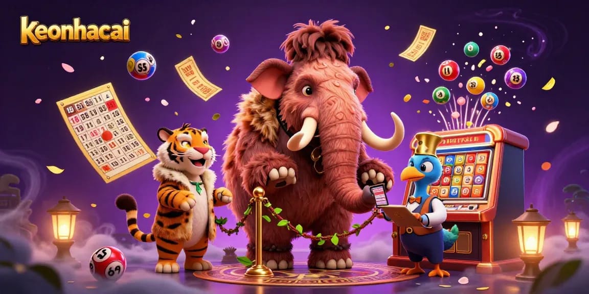 Engage with keonhacai as a vividly animated 3D casino scene unfolds with interactive lottery and prize elements.