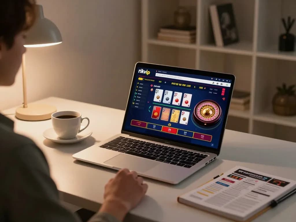 Player enjoying online games at home with rikvip, showcasing a laptop and strategy notes.