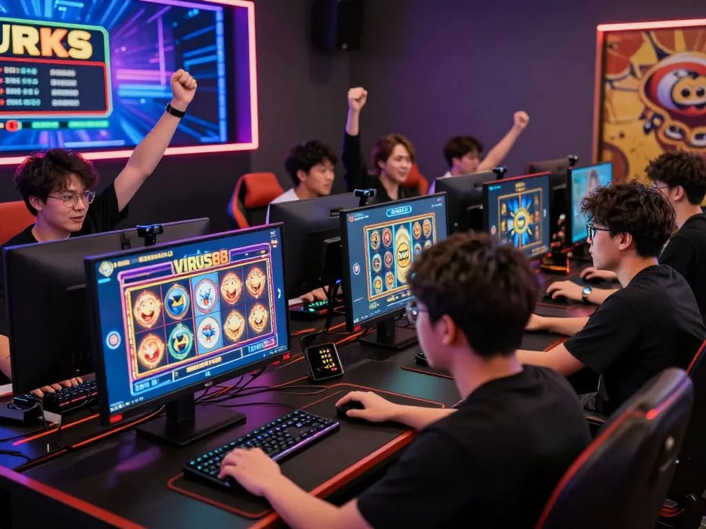 Pemain yang terlibat dengan permainan slot online Virus88 dalam pengaturan permainan yang cerah.