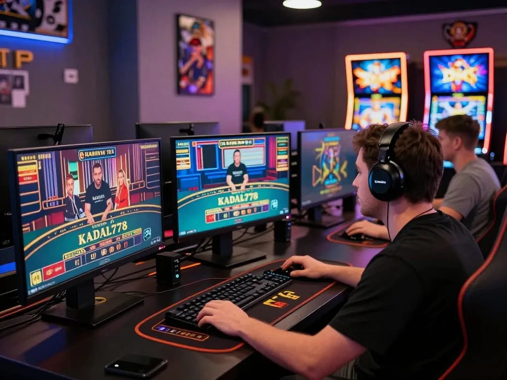 KADAL778 player immersed in online casino gaming setup, engaging with vibrant game screens for a winning strategy.