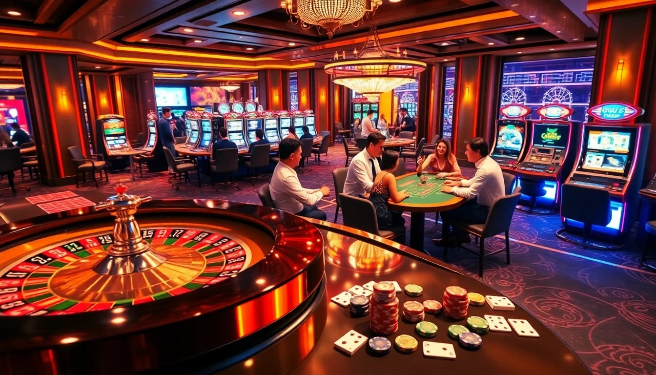 Experience the thrilling atmosphere of nhà cái lc88 with players enjoying roulette and poker in a luxurious casino setting.