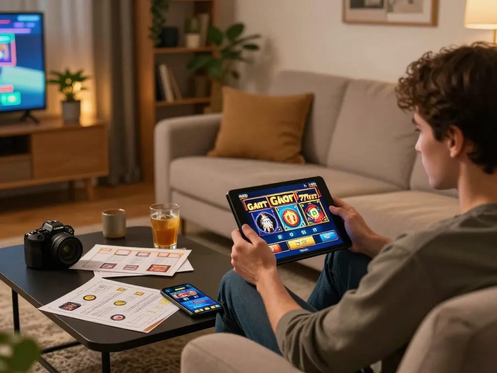 Engaging in SLOT GACOR 777 gameplay on tablet in cozy home setting with strategy notes.