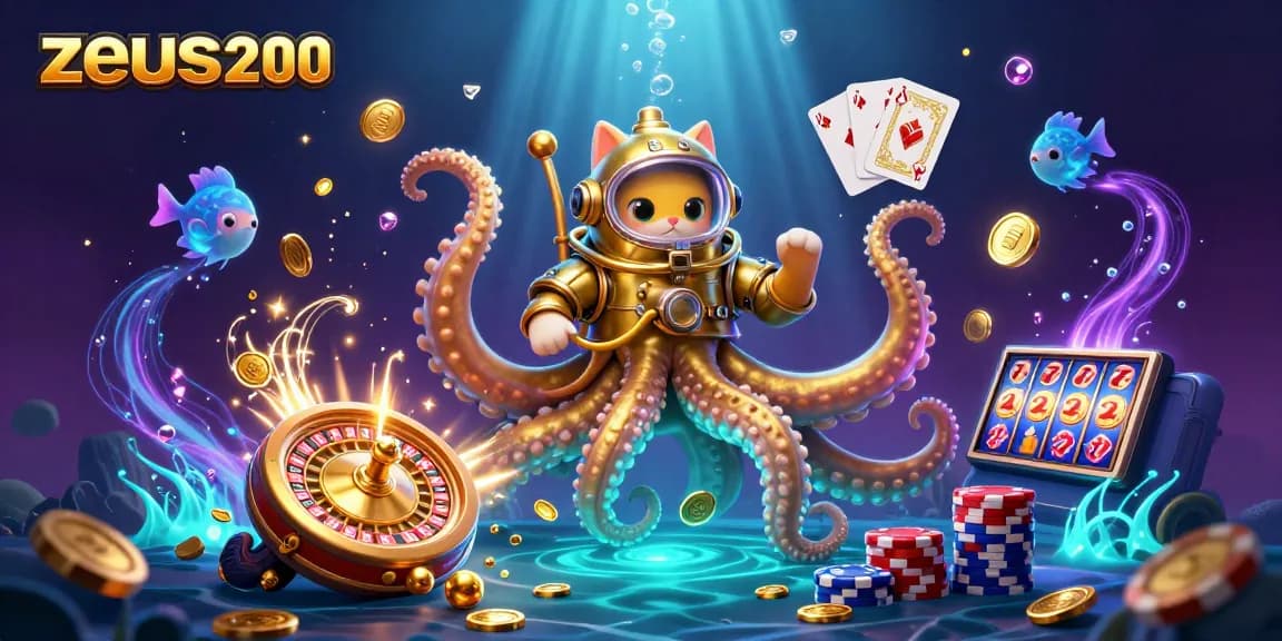 Menangkan permainan di zeus200 dengan ilustrasi kasino yang kaya, termasuk monster laut dan koin emas.