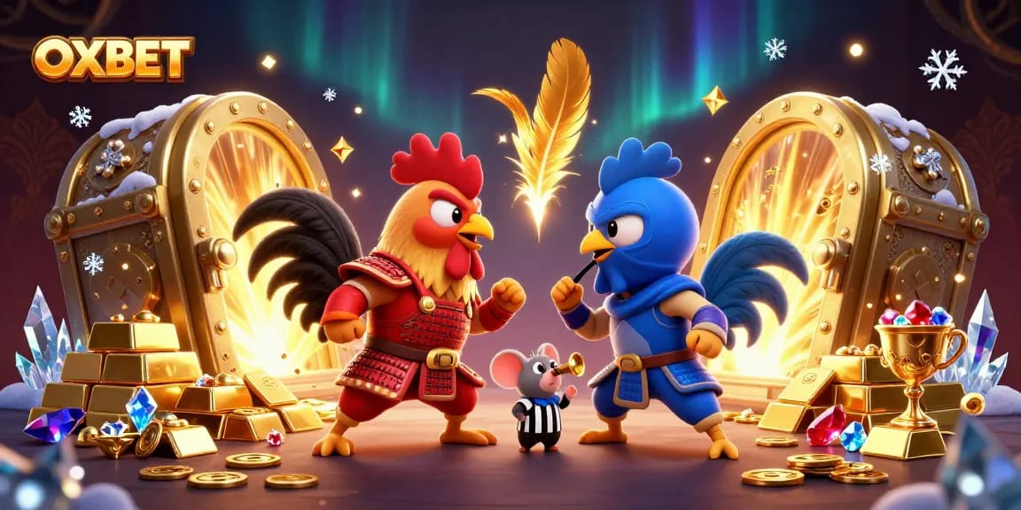 Experience thrilling OXBET gaming with epic rooster battle in luxurious casino environment.