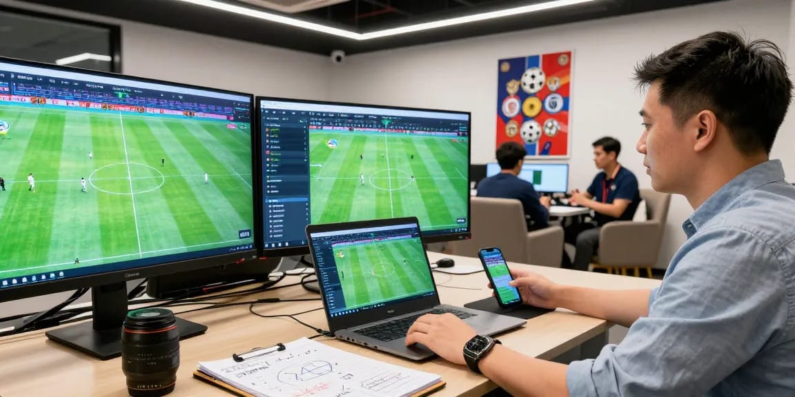 Soi kèo nhà cái analysis with sports analysts reviewing football stats and betting odds
