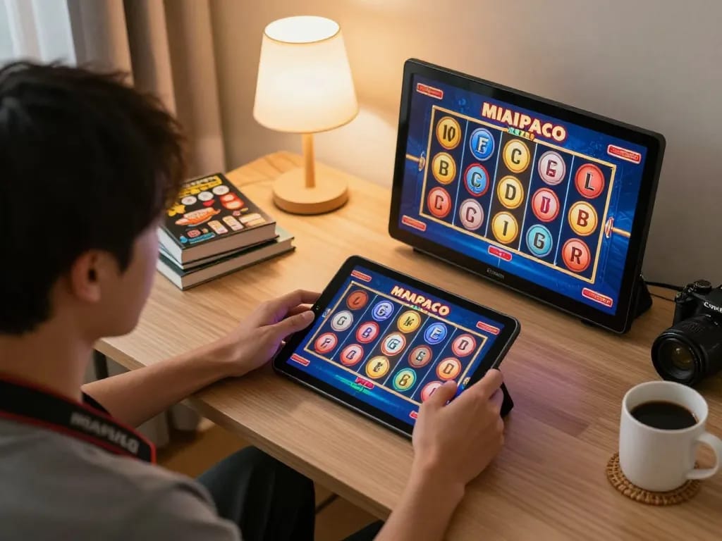 Play toto macau slot on a tablet during an engaging home gaming session with cozy décor.