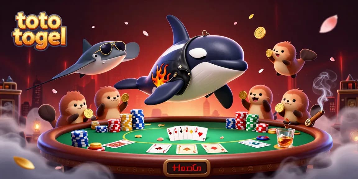 Gambar toto togel menampilkan orca keren dan otter membawa koin, menciptakan suasana kasino yang meriah.