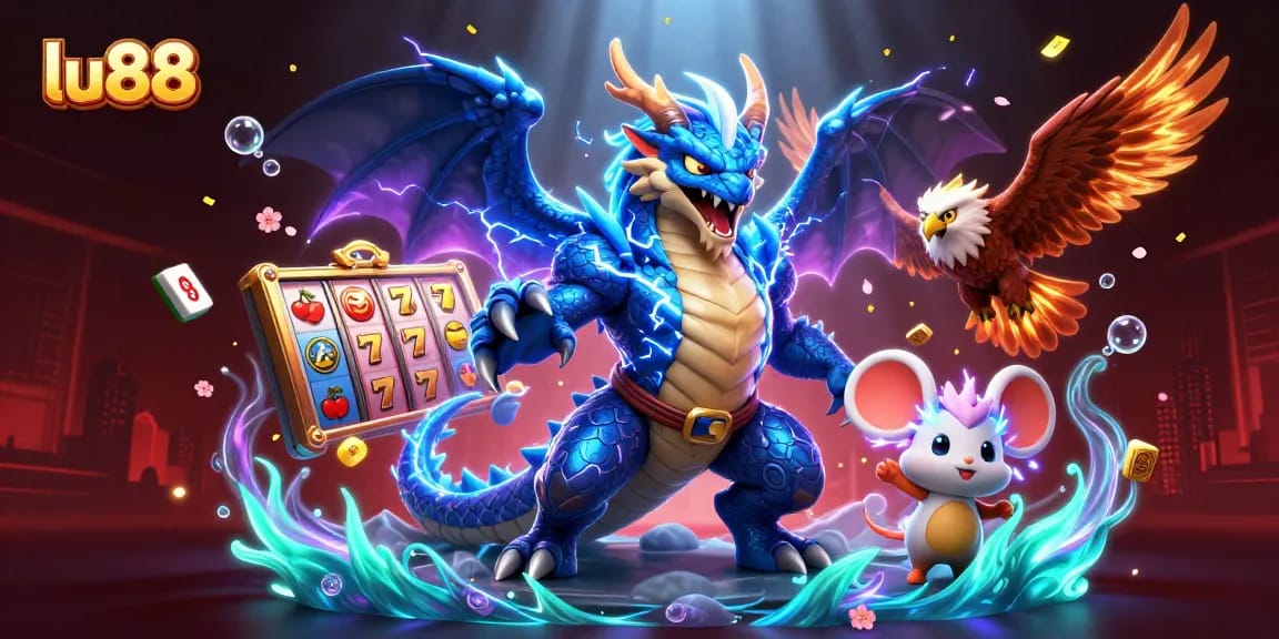 Bet and win big at lu88 with electric characters in dynamic casino scene, showcasing slot reels and gold!