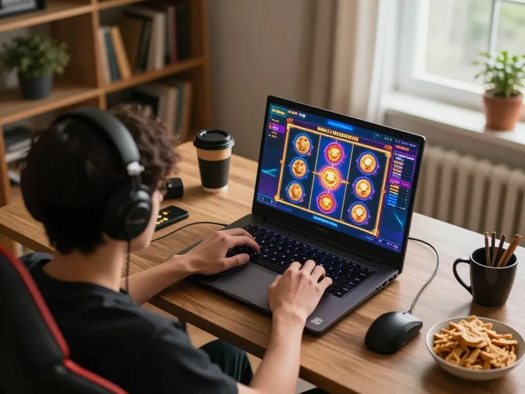 KADAL778 player engaged in online slot gaming, showcasing vibrant winning spins and a cozy home setup.