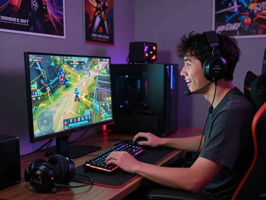 Gamer enjoying immersive experience at mantra88.com with vibrant setup and gaming gear.