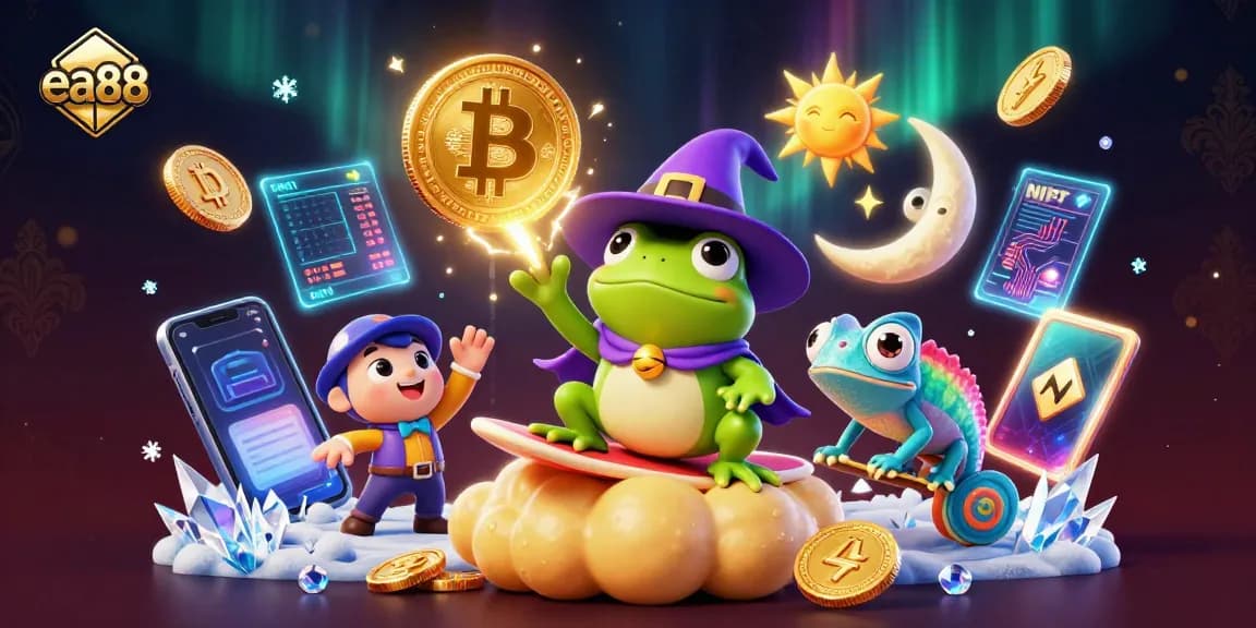 Experience thrilling gameplay with ea88 in this vibrant 3D casino world of golden coins and crypto elements.