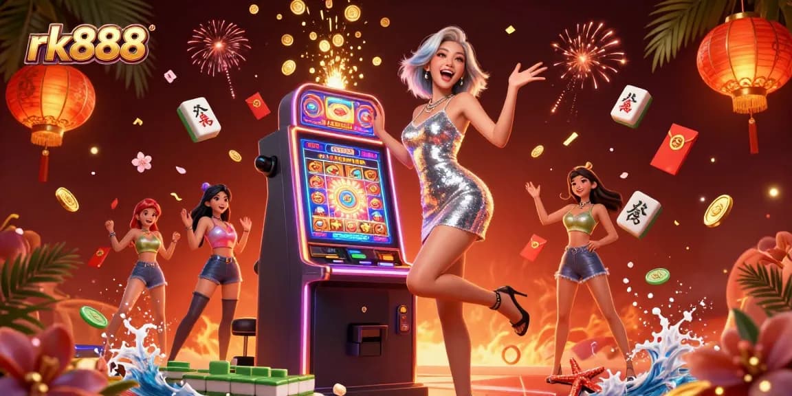 Experience thrilling slots at rk888 with a joyous celebration depicted by an excited player and jackpot