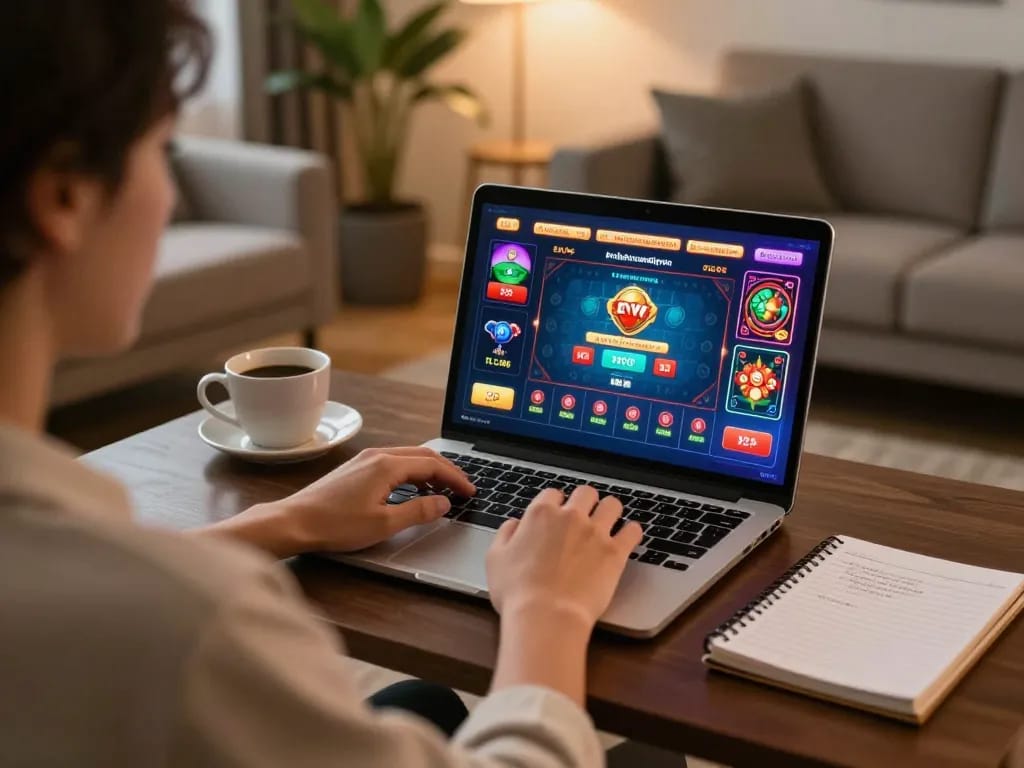 SC88 user engaging in online gambling with immersive game interface, cozy setup featuring strategy notes