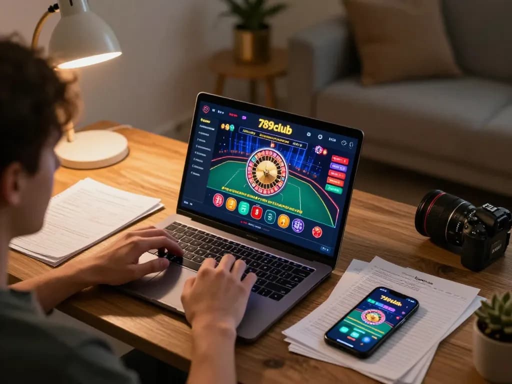 Engaging gameplay on 789club showcasing a relaxing home gaming experience with a laptop and strategy notes.
