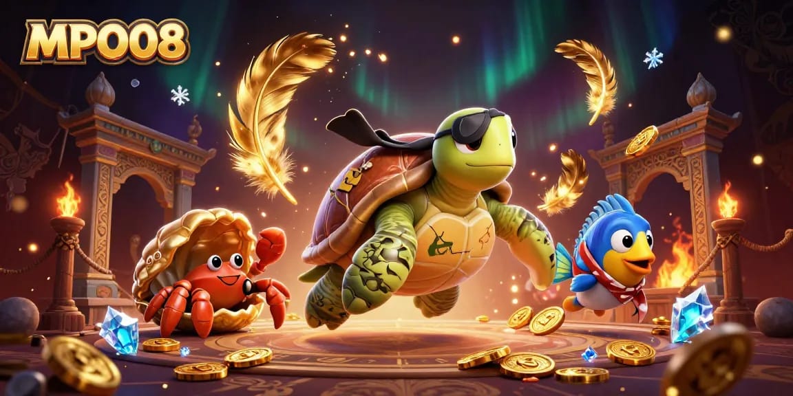 Engage with MPO08's thrilling treasure hunt featuring a pirate turtle, crab, and parrotfish amidst vibrant casino elements.