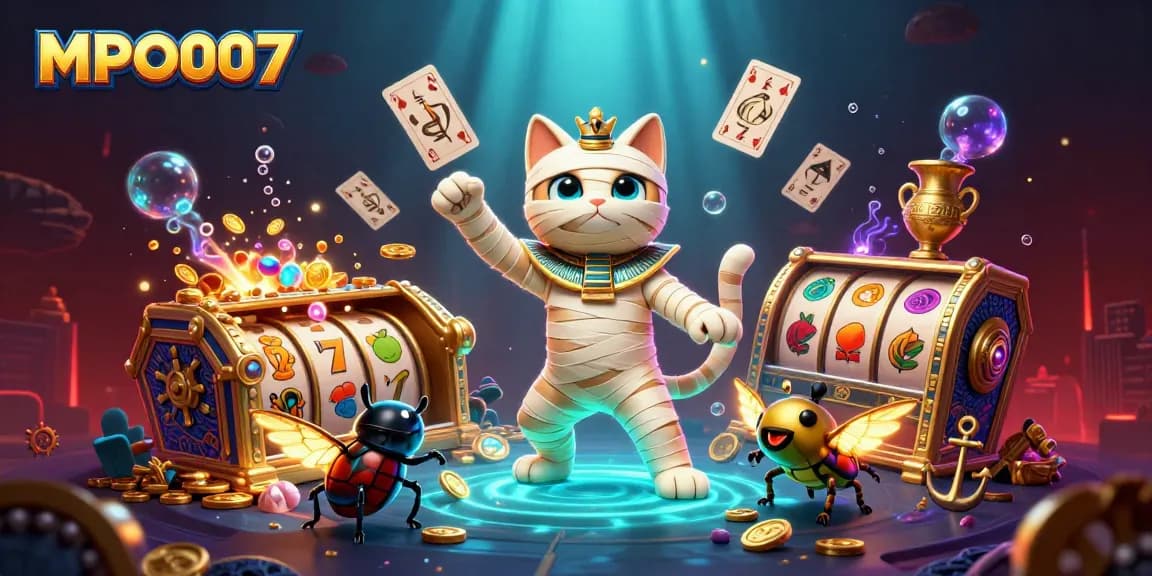 Win big with MPO007 at this vibrant casino illustration featuring a mummy cat and glowing scarab.