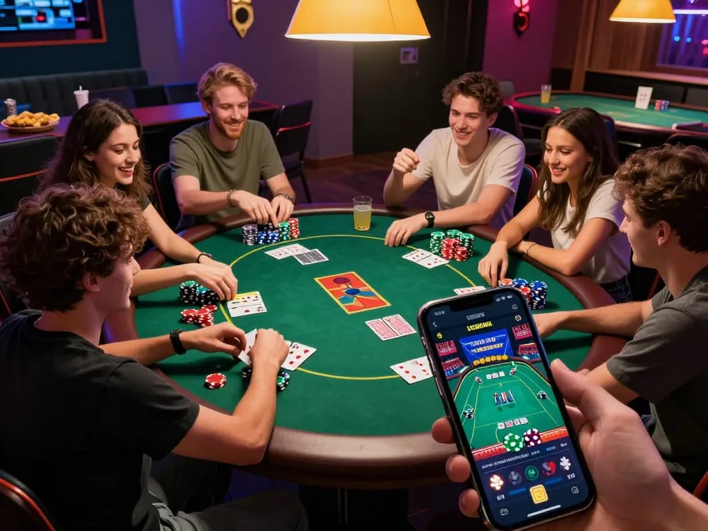 Friends strategizing during a poker night with UGDEWA app visible, enhancing the gaming experience.