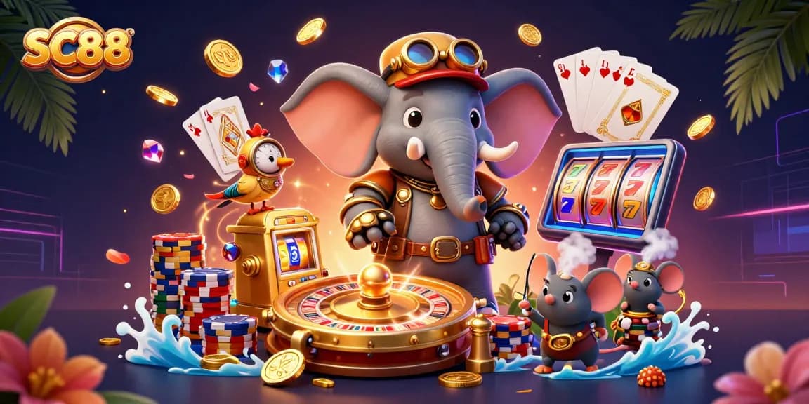 Experience SC88's vibrant slot machine action with a steampunk elephant and gold coins flying!