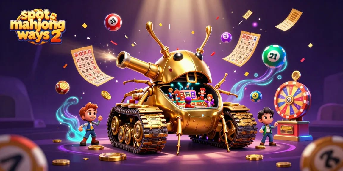 Engage with the dynamic slot mahjong ways 2 illustrated scene featuring a golden beetle tank and vibrant casino elements.