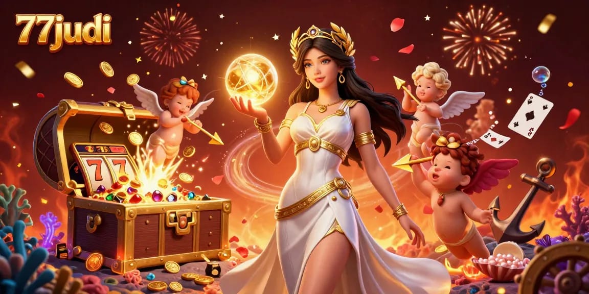 77judi brings exciting gameplay with slot reels and golden treasures in a captivating casino illustration.