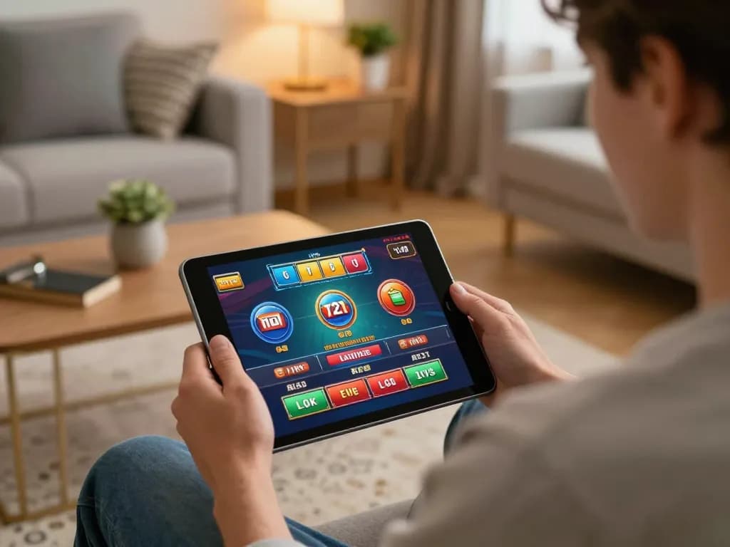 Engaging with 789win com on a tablet in a cozy home setup, illustrating online gambling.