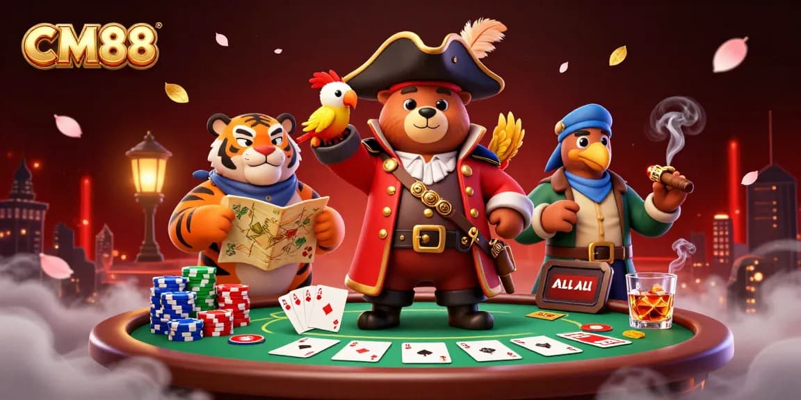 Engage in thrilling poker adventures with CM88's dynamic casino scene featuring vibrant characters and game elements.