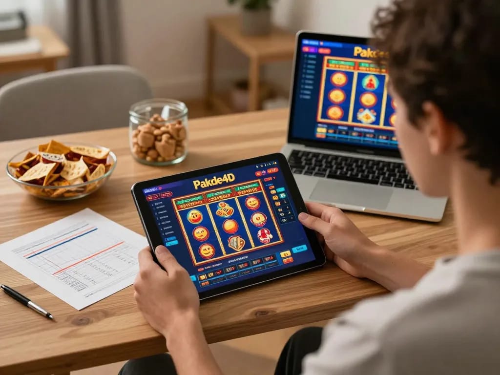Engaged player using Pakde4D on tablet in cozy home workspace during online gaming session.