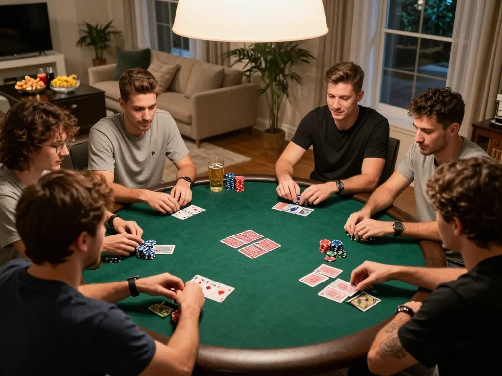 Friends enjoying a thrilling poker night while discussing kèo nhà cái strategies, chips stacked in front.