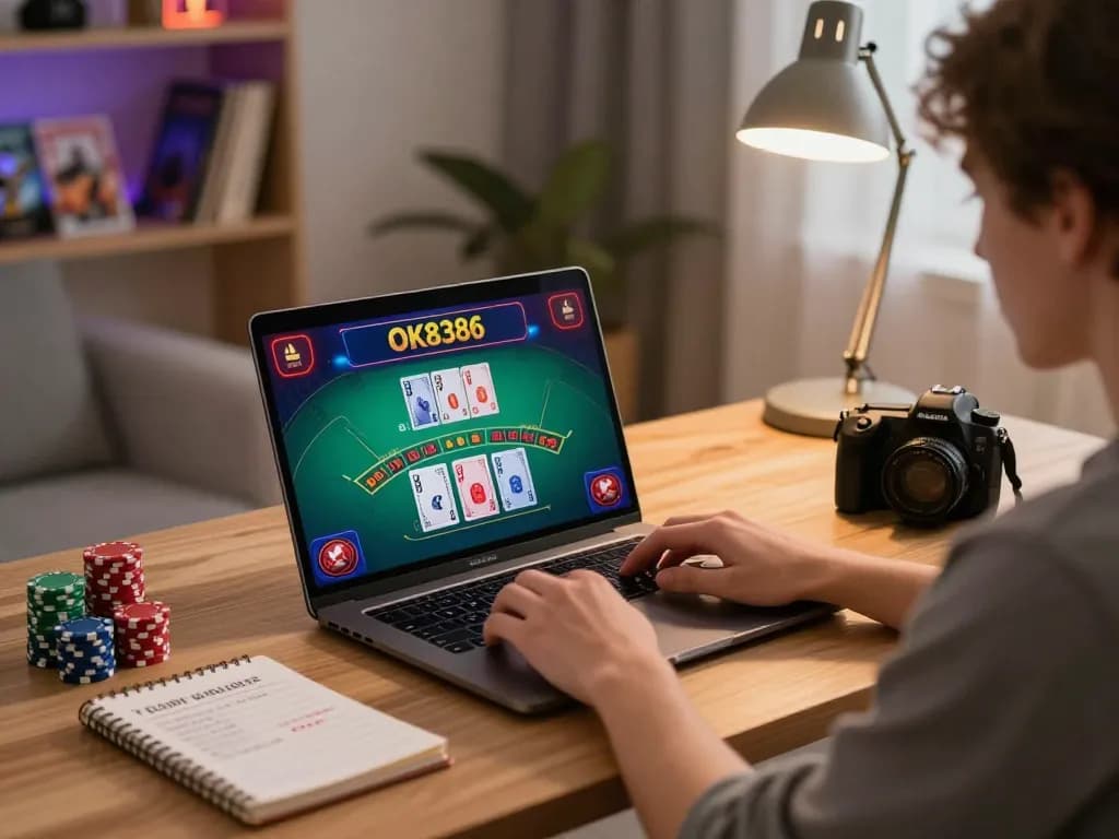 Enjoying a strategic game at OK8386 online casino on a laptop in a cozy home setting.