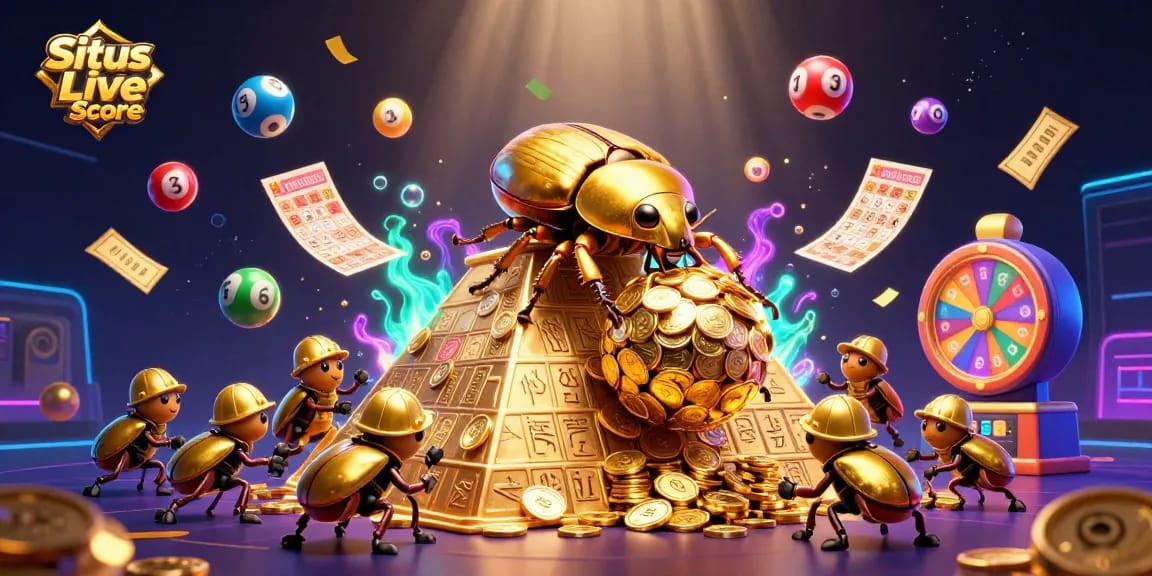Situs Live Score showcases fun and engaging lottery elements with colorful bouncing balls amid a dynamic casino scene.