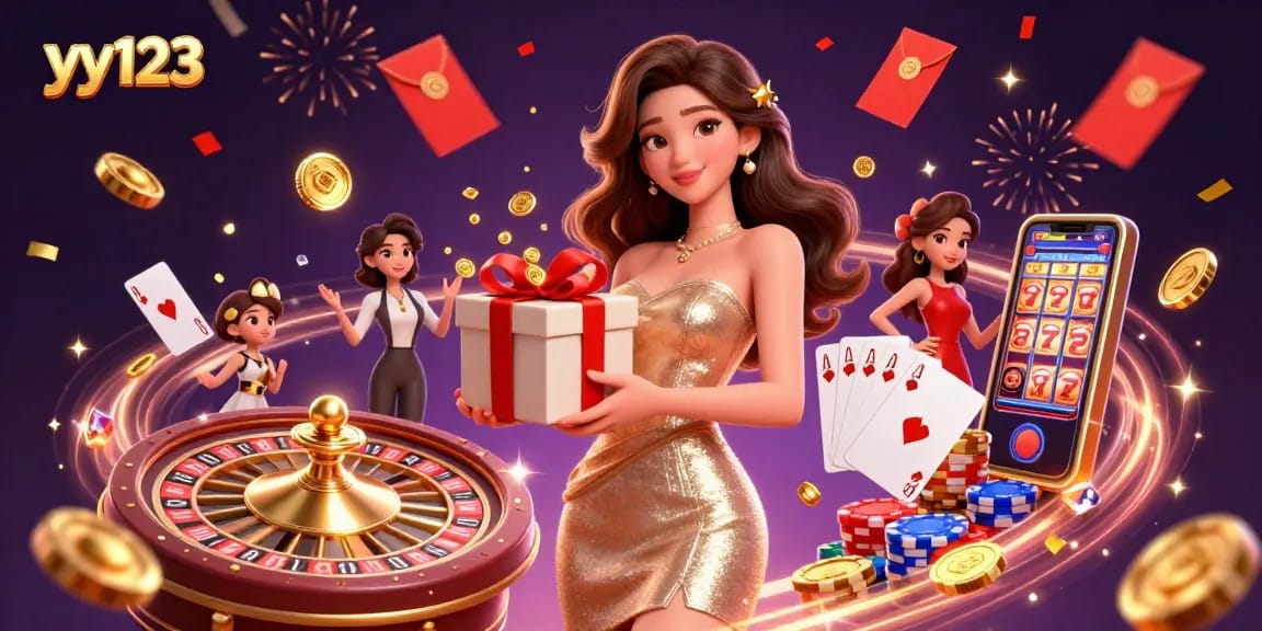Play exciting games at yy123 casino with a glamorous Asian hostess presenting golden coins and festive decorations.
