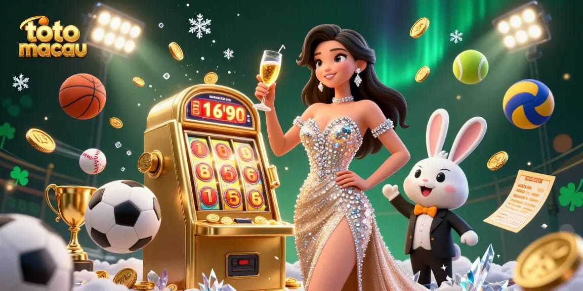 Celebrate winnings with toto macau’s vibrant scene featuring a jackpot slot machine, sports elements, and dynamic energy.