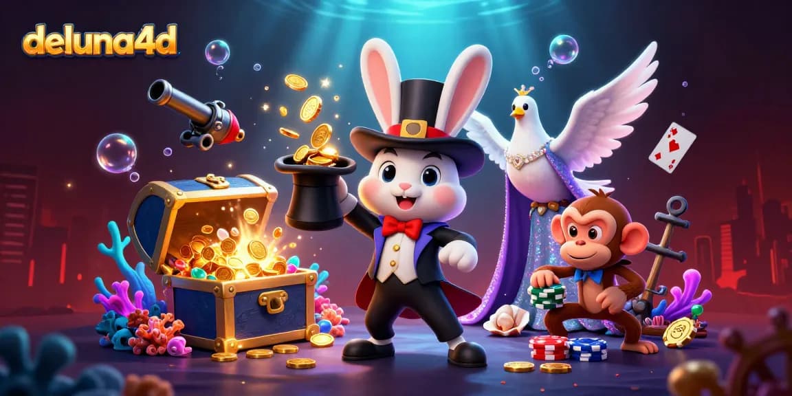 Engage in thrilling gaming with deluna4d as a magician rabbit pulls golden coins amidst vibrant casino elements.