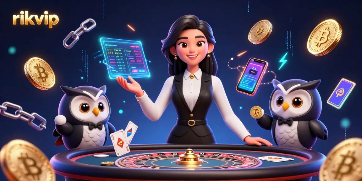 Experience thrilling gaming at rikvip, featuring a vibrant baccarat scene with animated dealers and exciting casino elements.